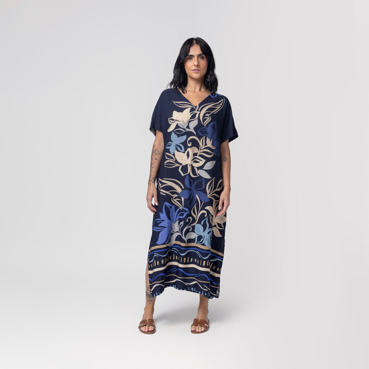 Kaftan Feminino Midi Floral Azure com Fenda
