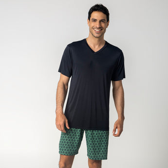 Pijama Masculino Curto Étnico Verde e Preto