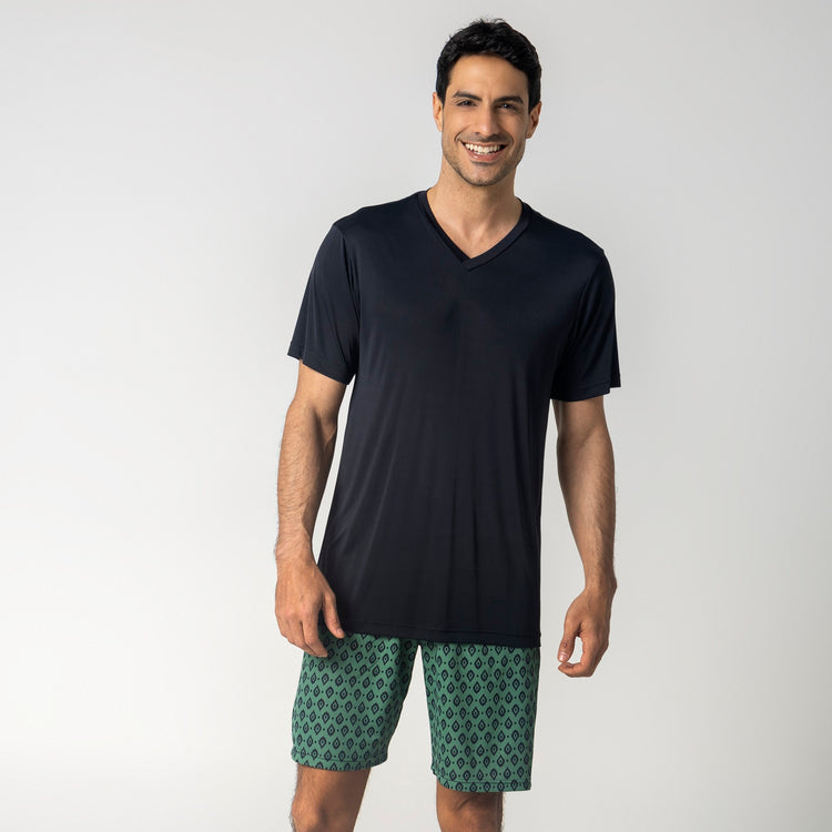 Pijama Masculino Curto Étnico Verde e Preto