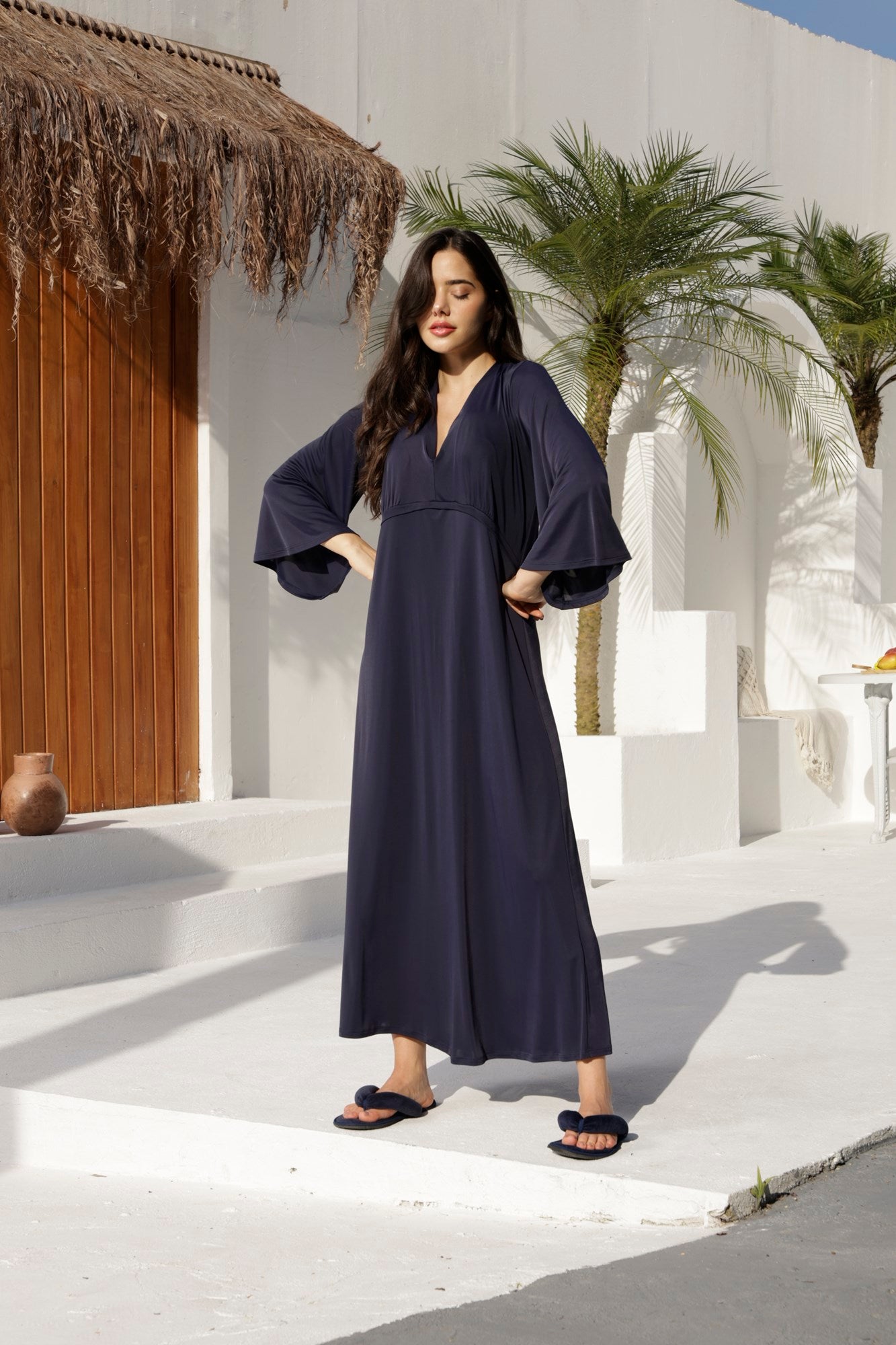 Kaftan Feminino Longo Poliamida Azul Marinho