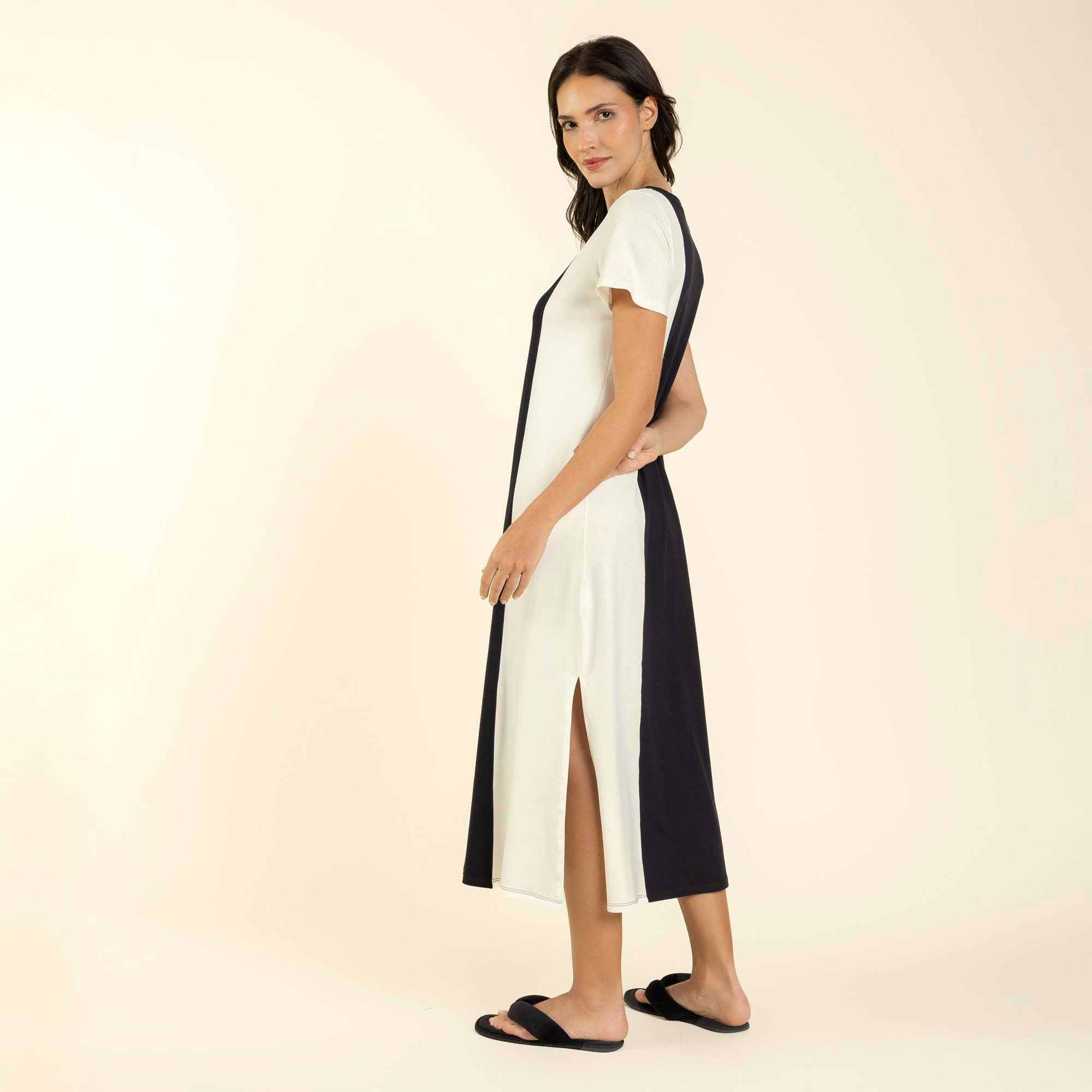 Kaftan Feminino Midi Preto com Off White