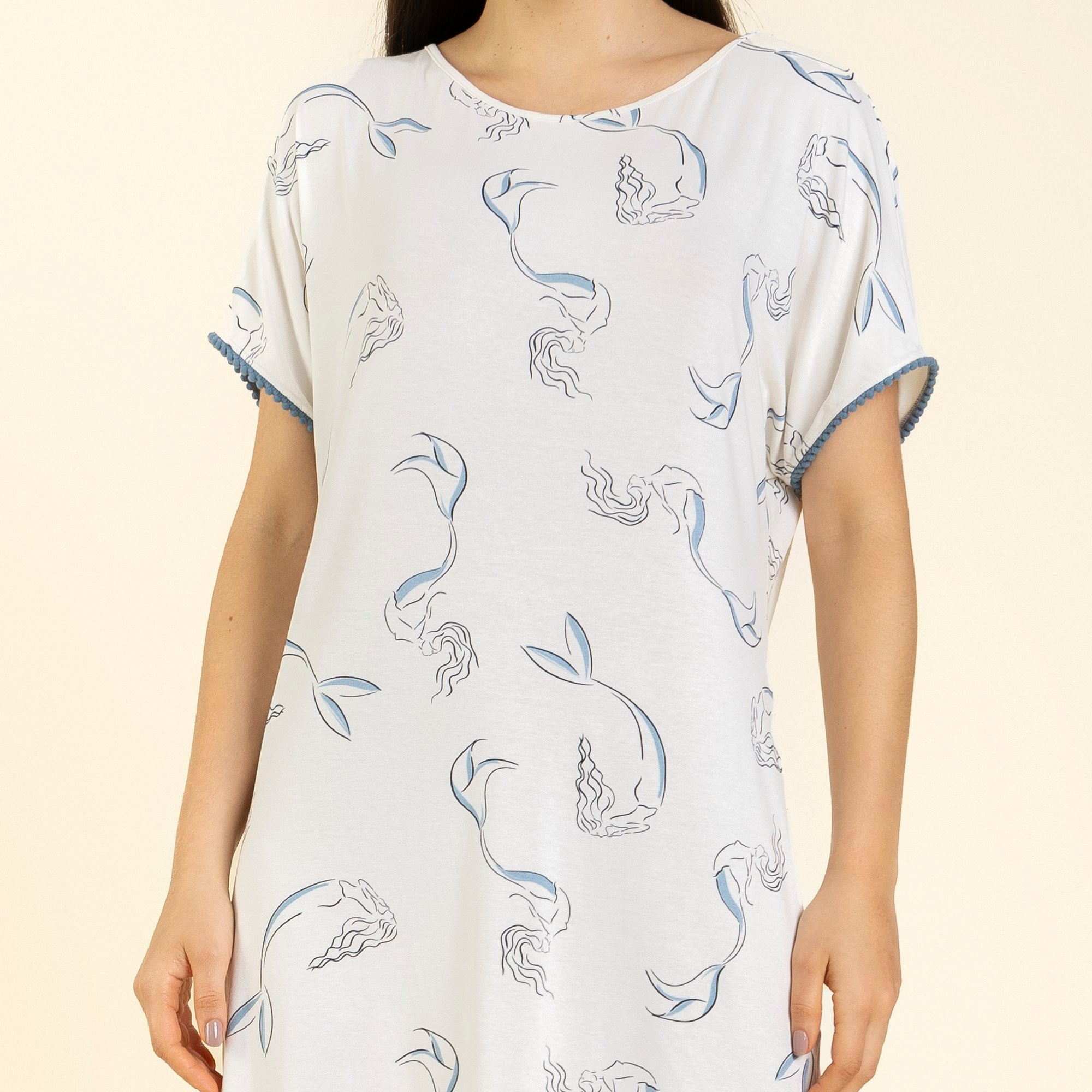 Camisão Feminino Curto Branco e Azul Sereia