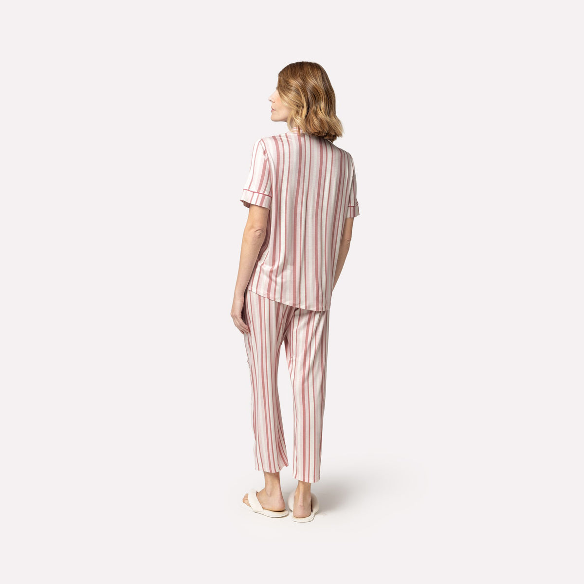 Pijama Feminino Pantacourt Aberto Listrado Rosa