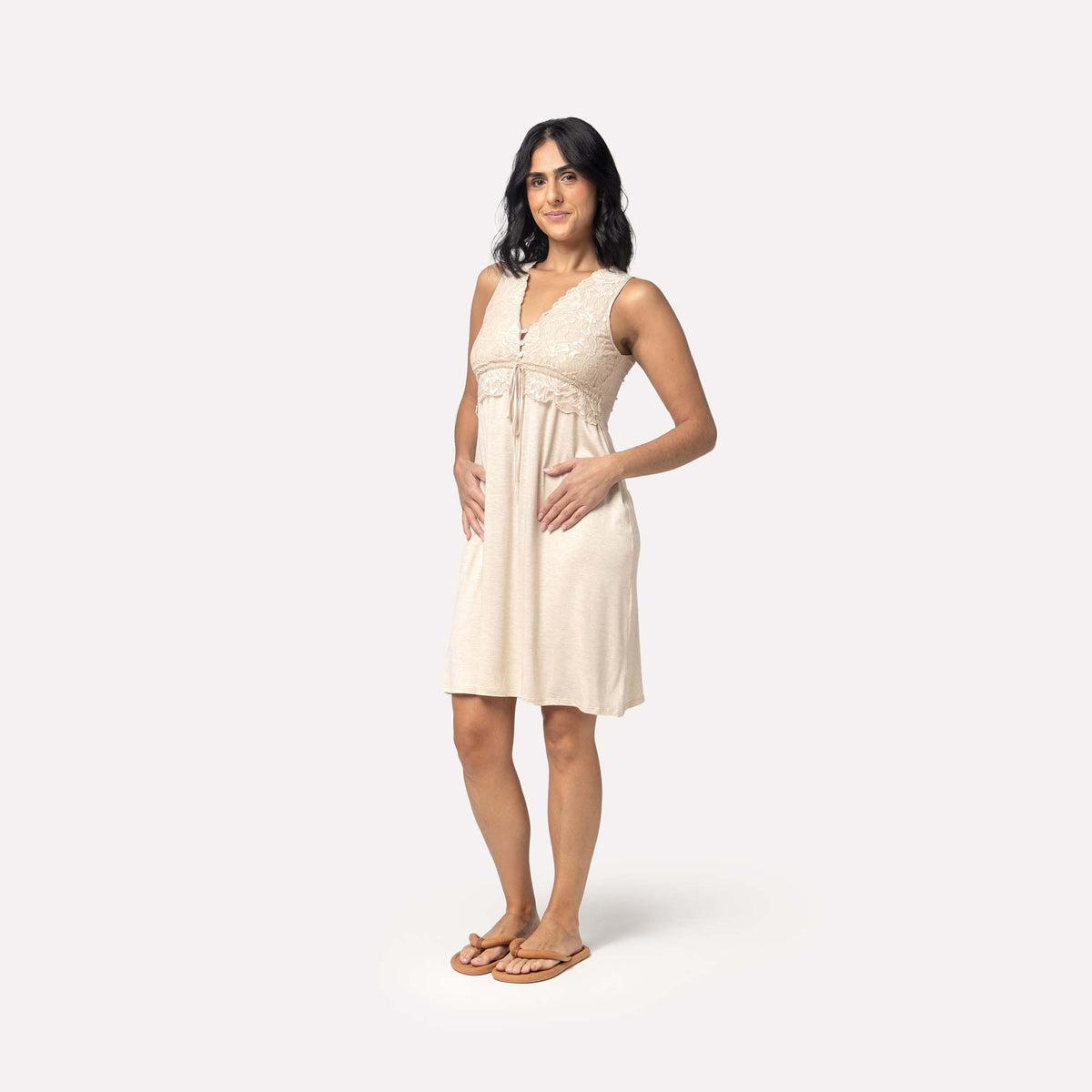 Camisola Gestante Regata Bege com Renda