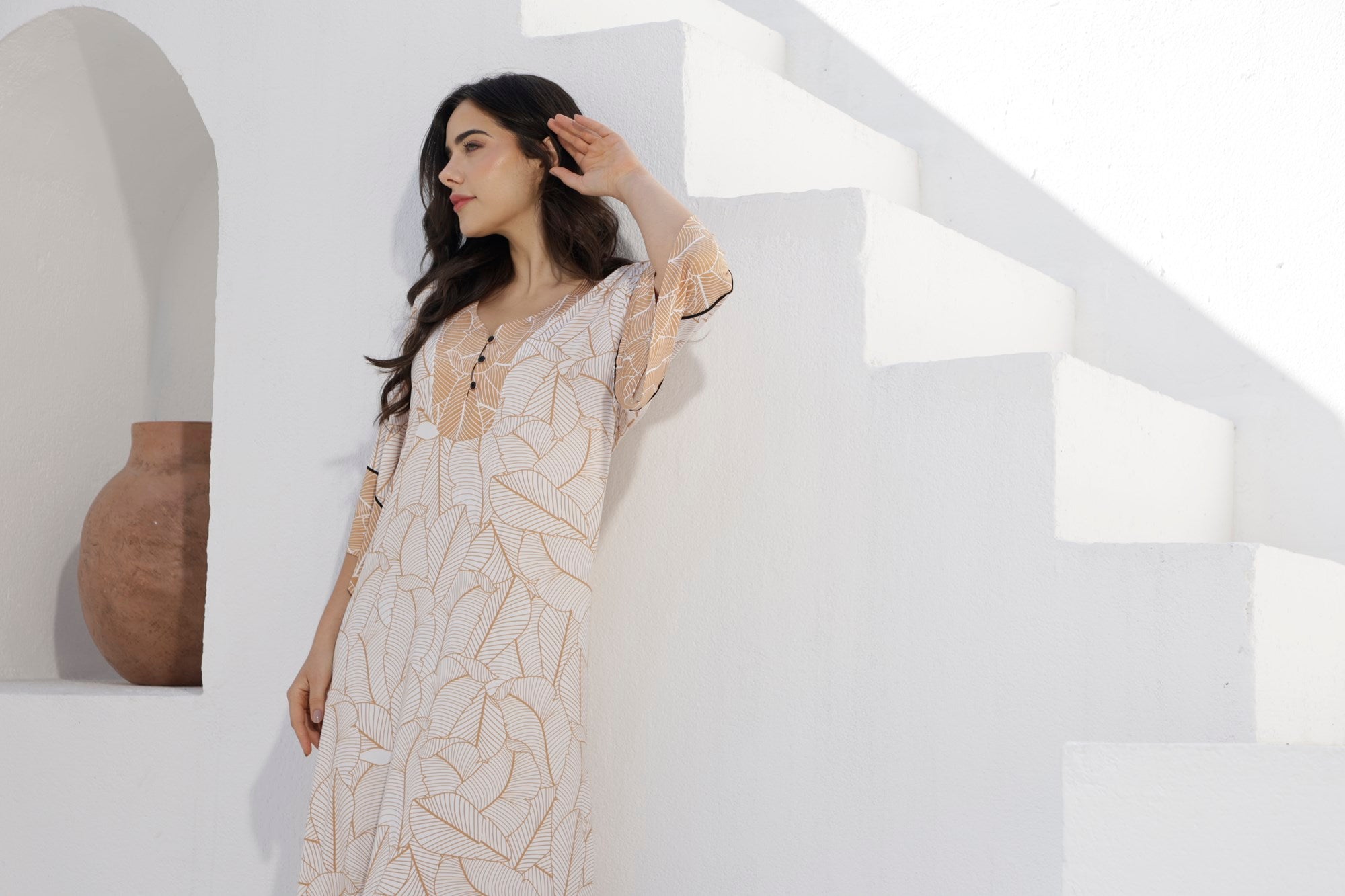 Kaftan Feminino Longo Folha Off White e Gold