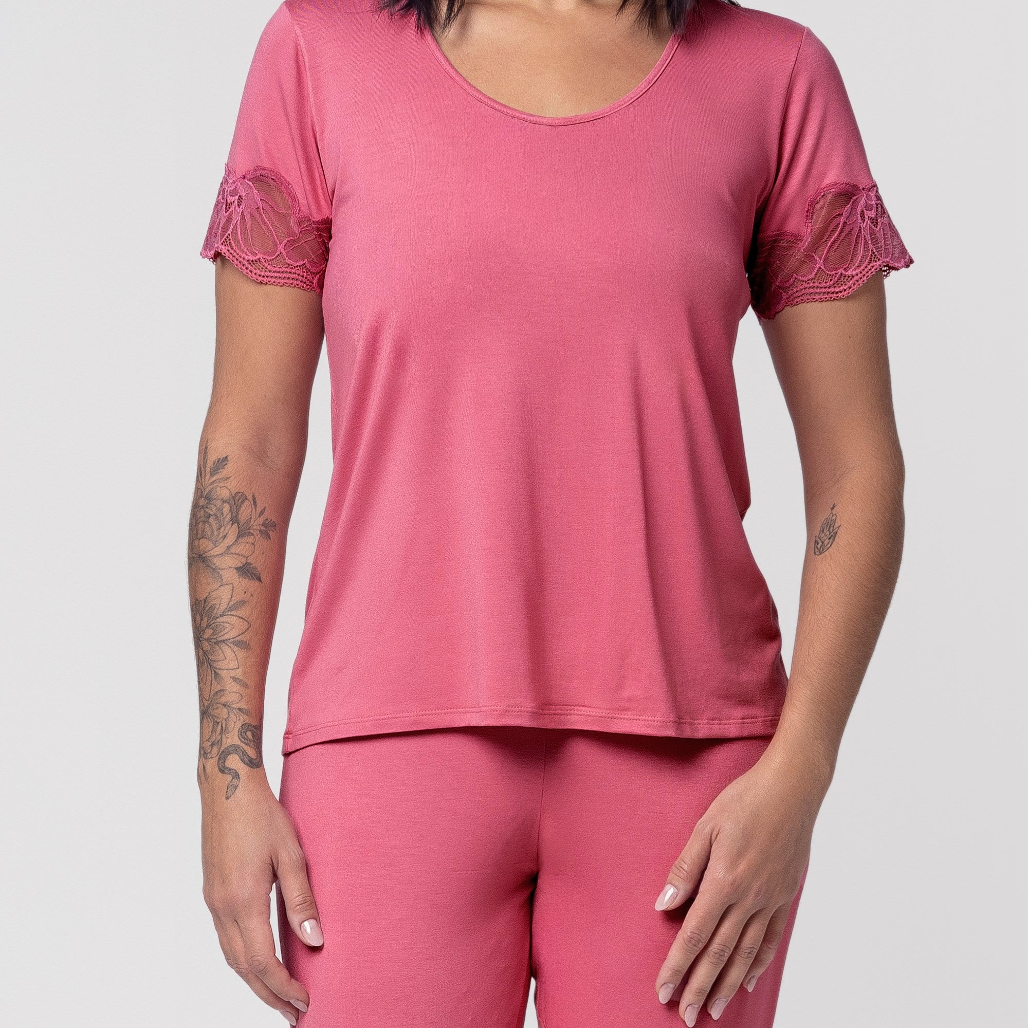 Pijama Feminino Capri Rosa Blush com Renda