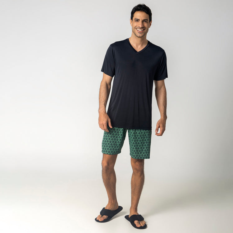 Pijama Masculino Curto Étnico Verde e Preto