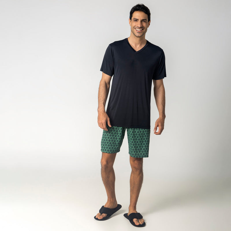 Pijama Masculino Curto Étnico Verde e Preto