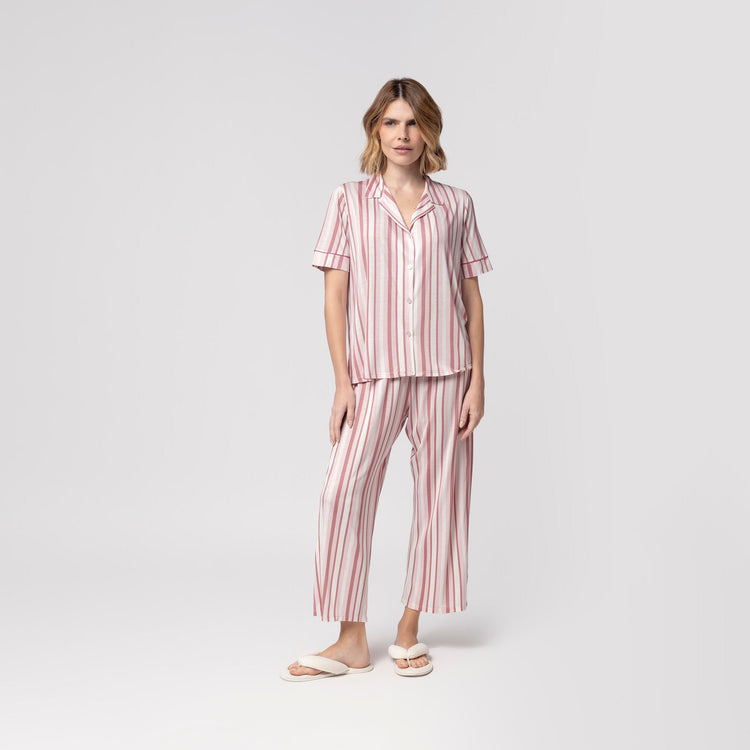 Pijama Feminino Pantacourt Aberto Listrado Rosa