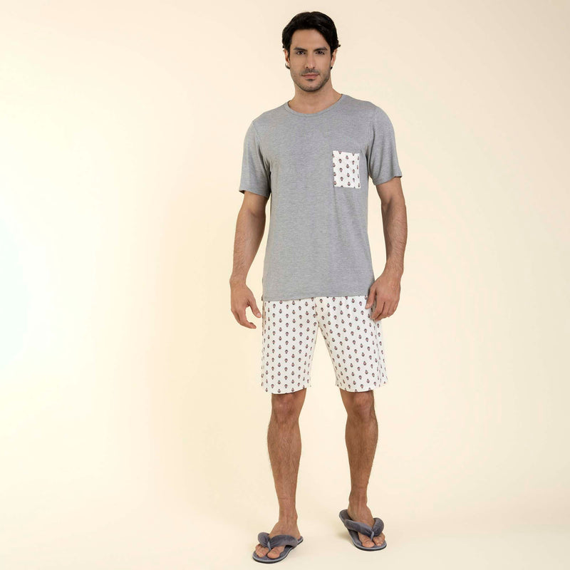 Pijama Masculino Curto Cinza e Branco com Estampa