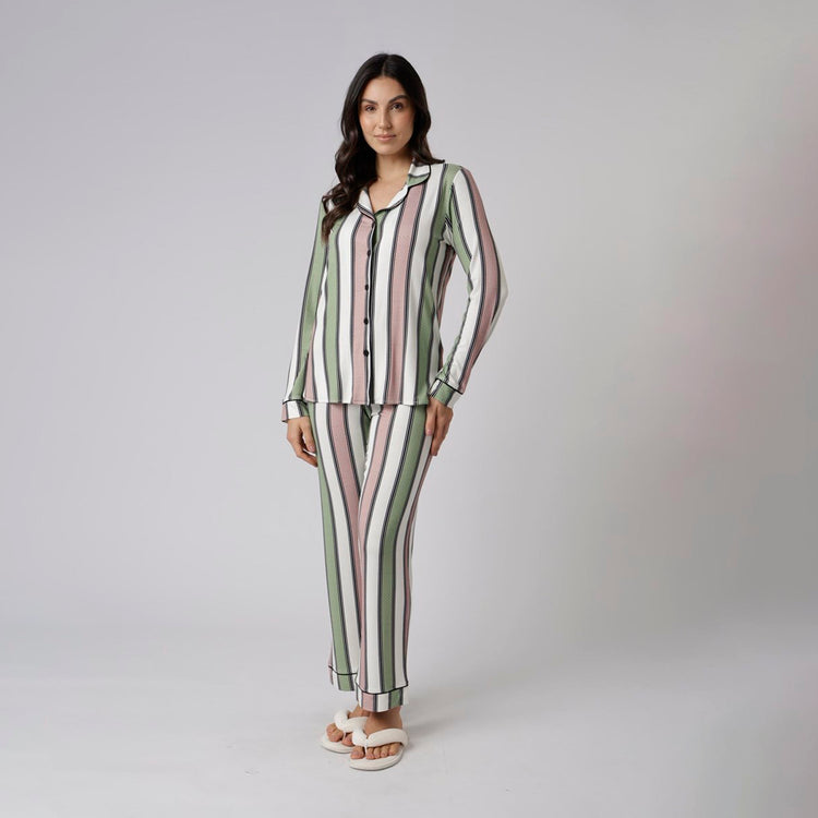 Pijama Feminino Aberto Manga Longa Listrado Style