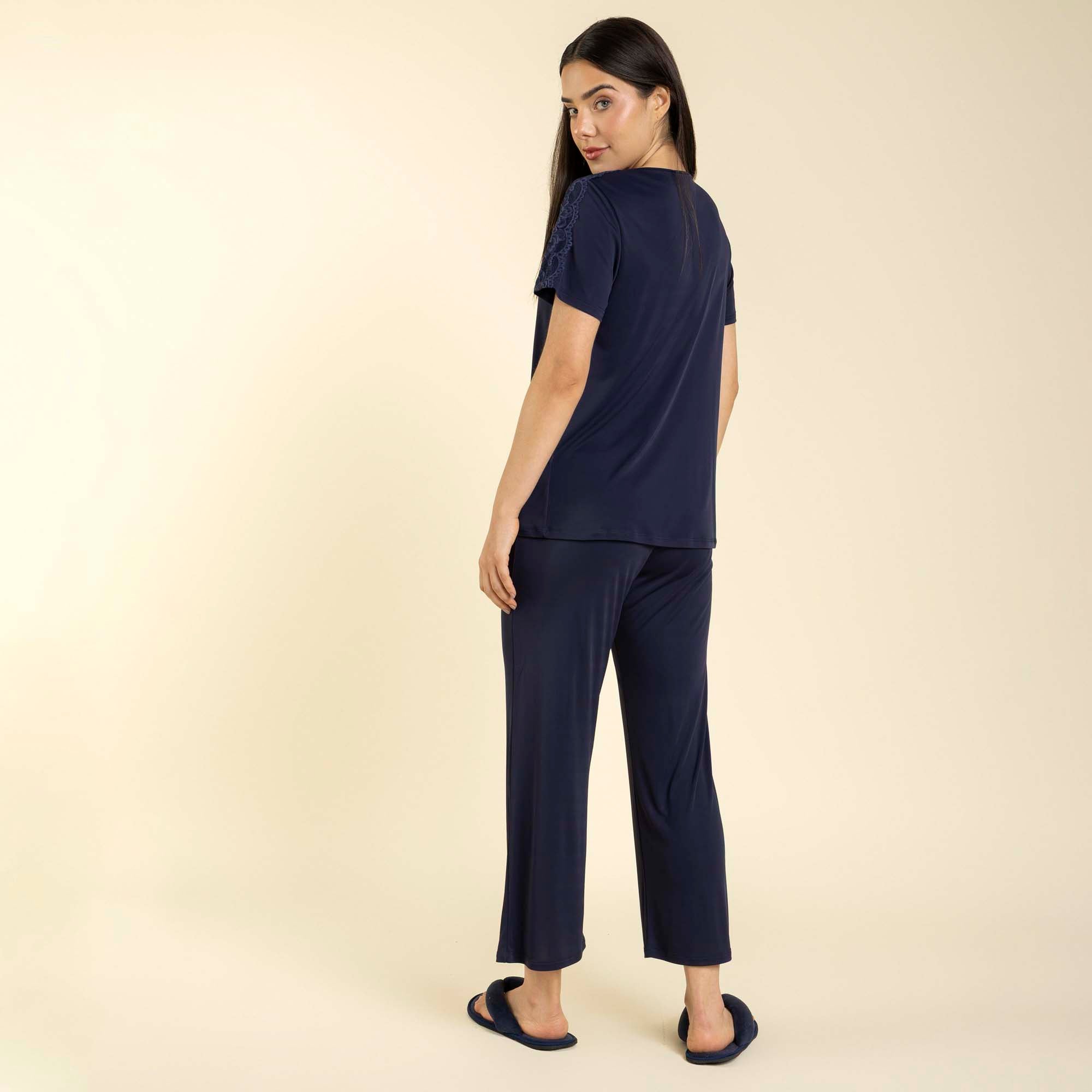 Pijama Feminino Capri Poliamida Marinho com Renda