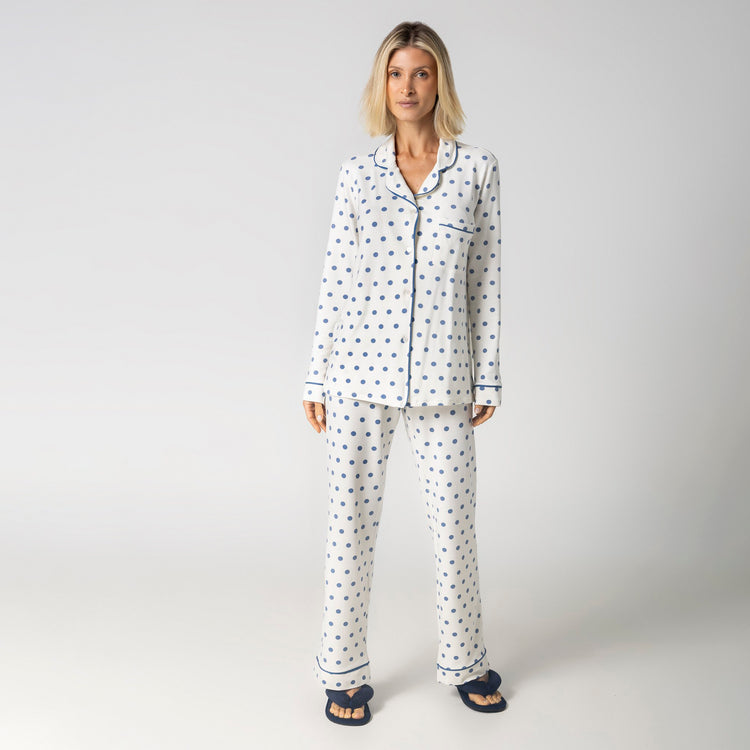 Pijama Feminino Longo Aberto Poá Azul