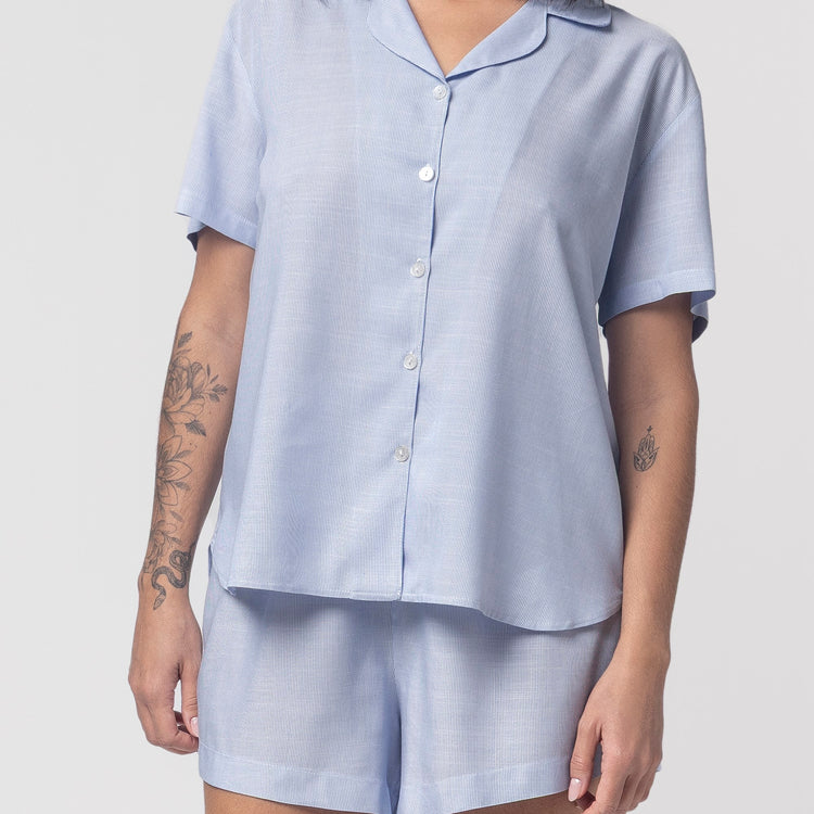 Pijama Feminino Curto Aberto Listrado Azul Marinho