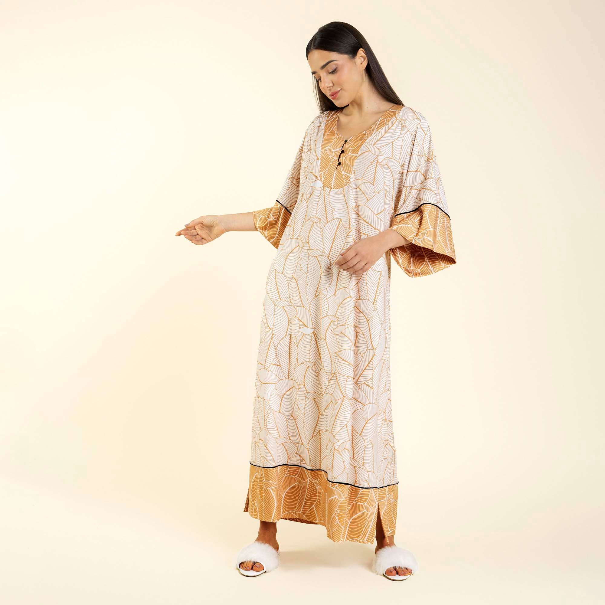 Kaftan Feminino Longo Folha Off White e Gold