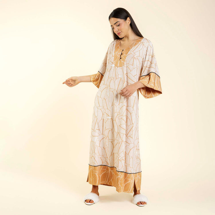 Kaftan Feminino Longo Folha Off White e Gold