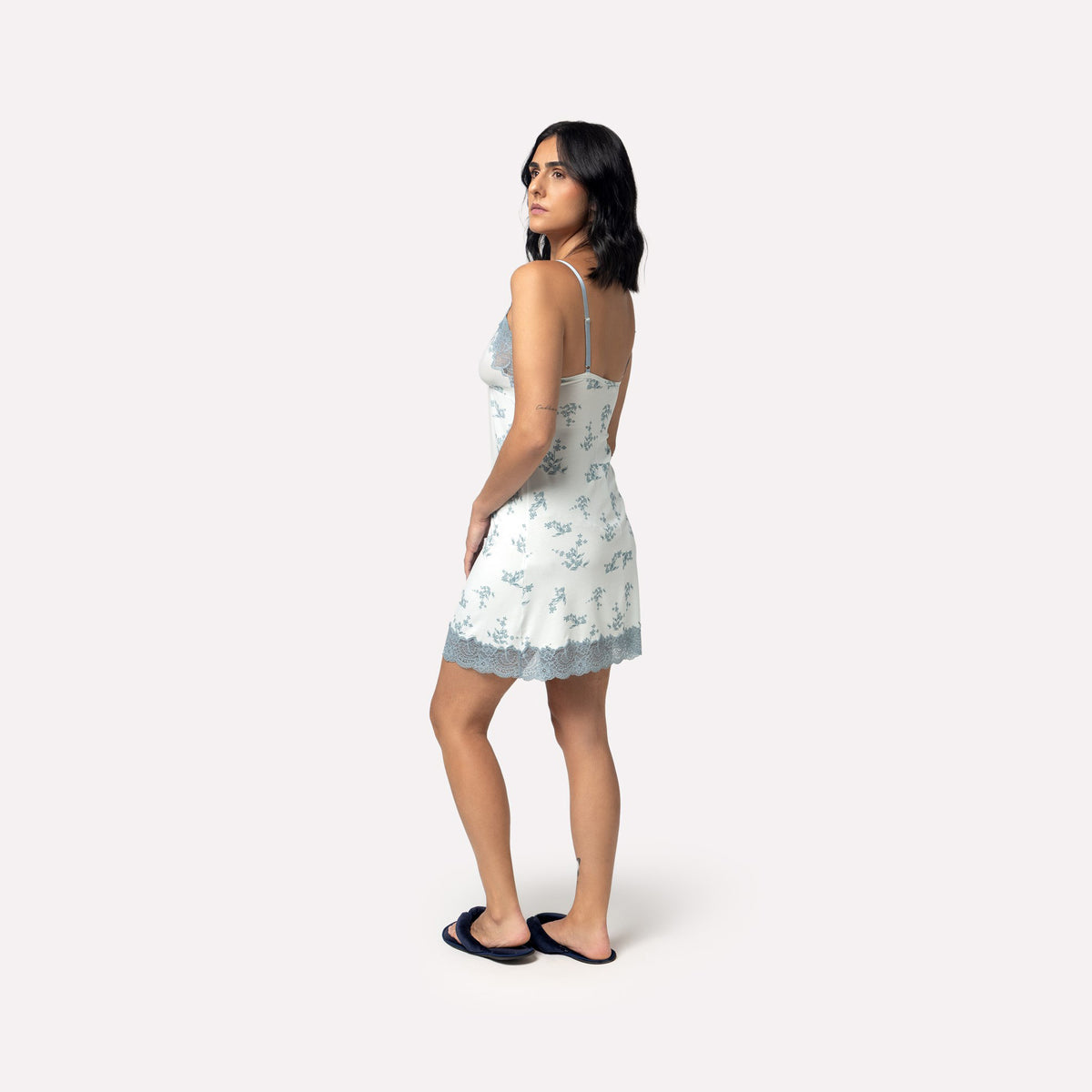 Camisola Curta de Alça Blue Garden com Renda