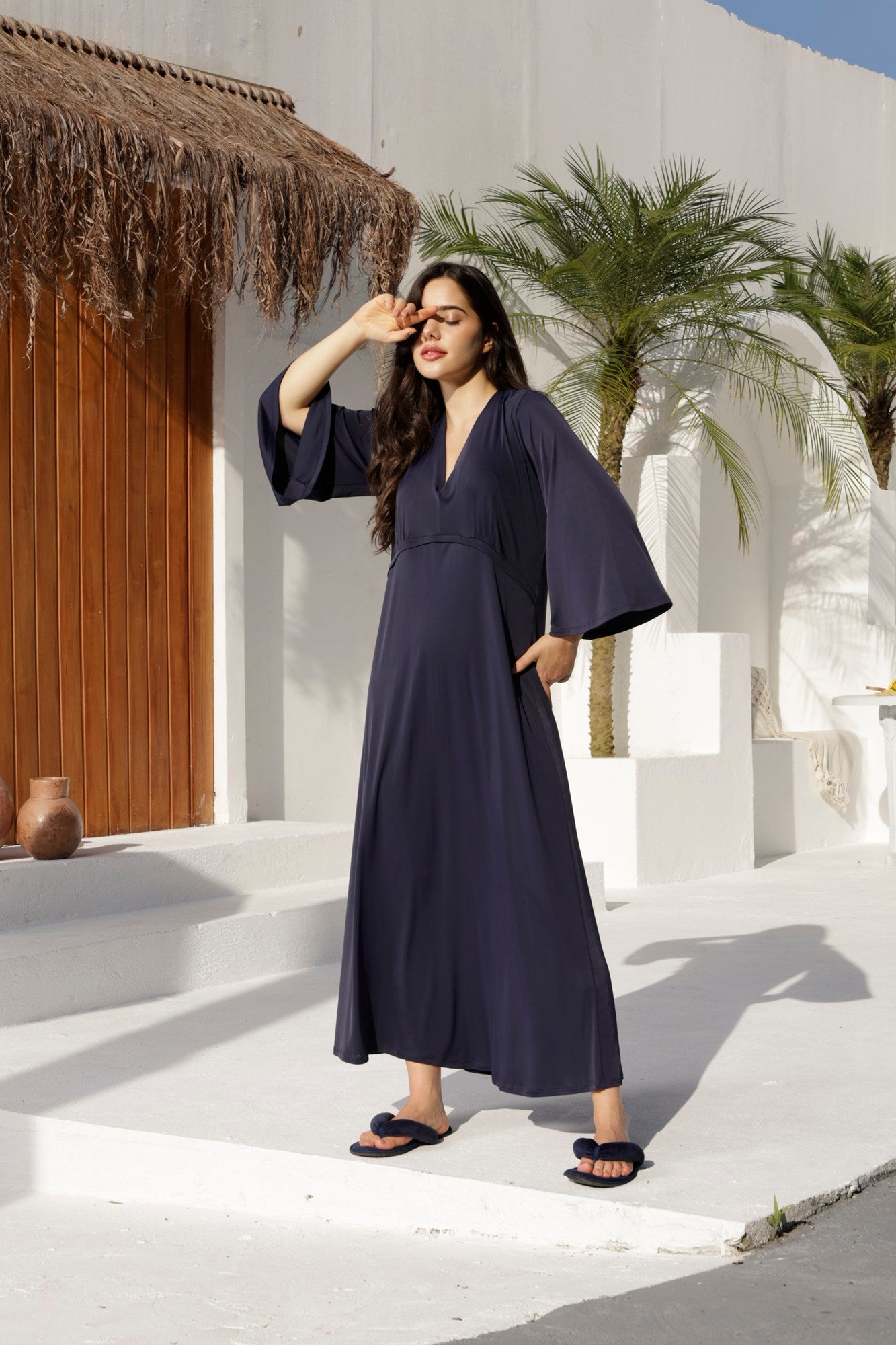 Kaftan Feminino Longo Poliamida Azul Marinho
