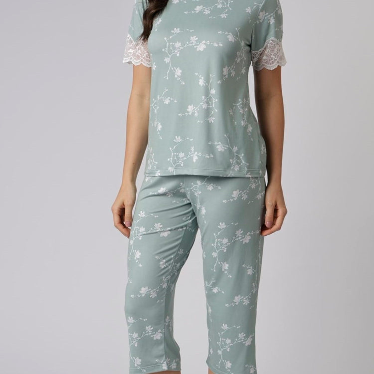 Pijama Feminino Capri Floral Green com Renda