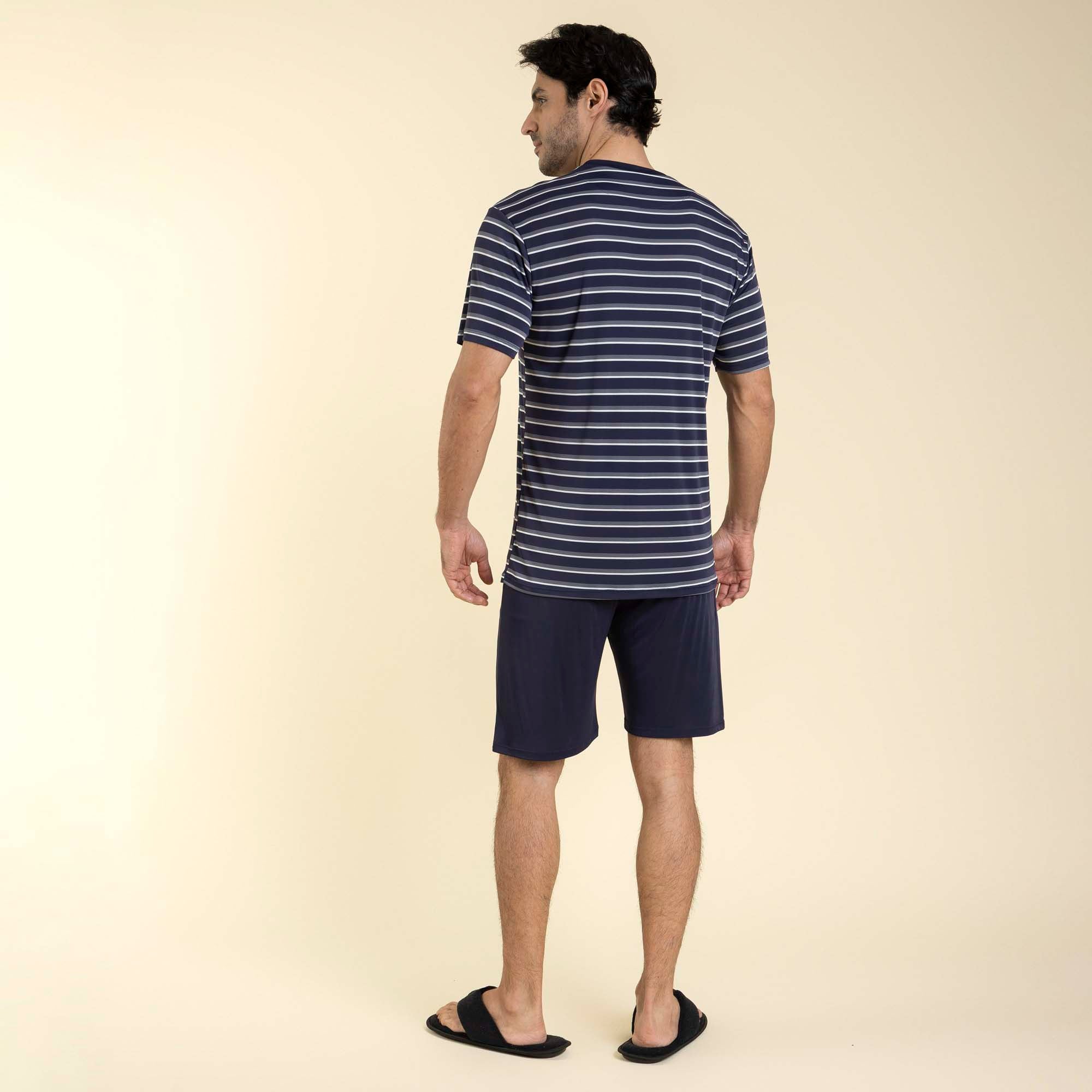 Pijama Masculino Curto Poliamida Listrado Marinho