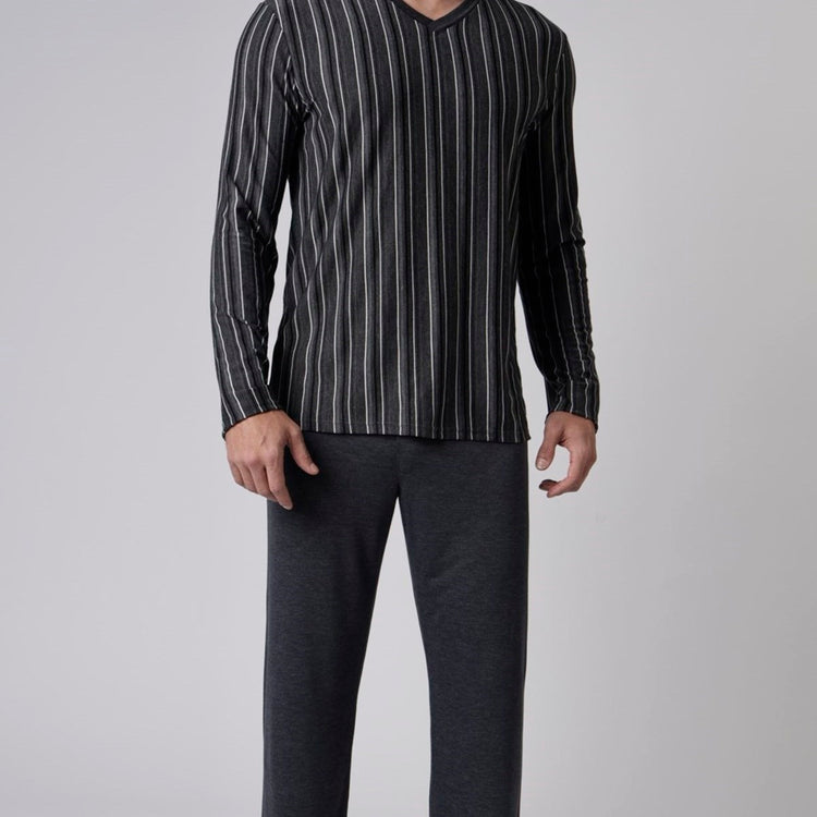 Pijama Masculino Longo Listrado Black e Preto