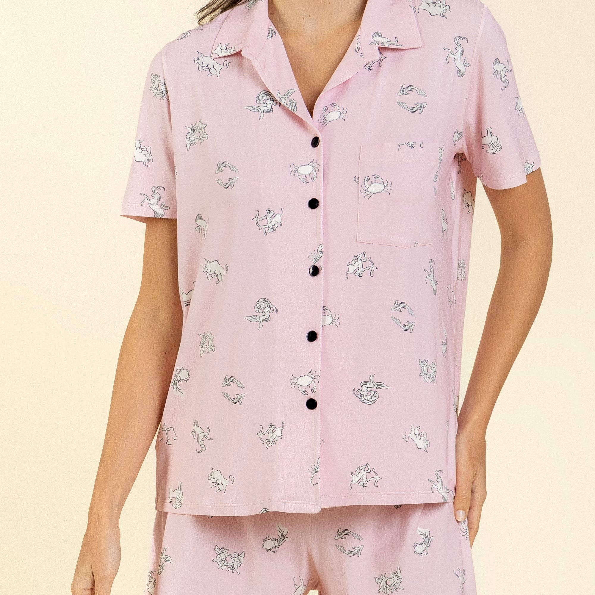 Pijama Feminino Curto Aberto Rosa Zodíaco