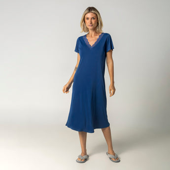 Camisão Feminino Midi Azul Atalaia com Renda