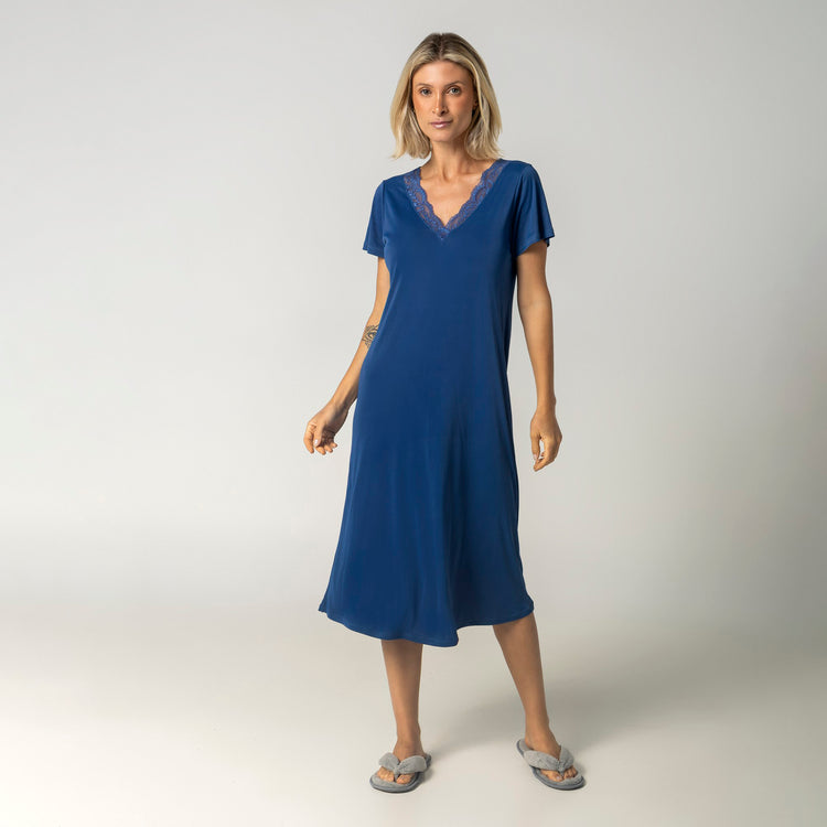 Camisão Feminino Midi Azul Atalaia com Renda