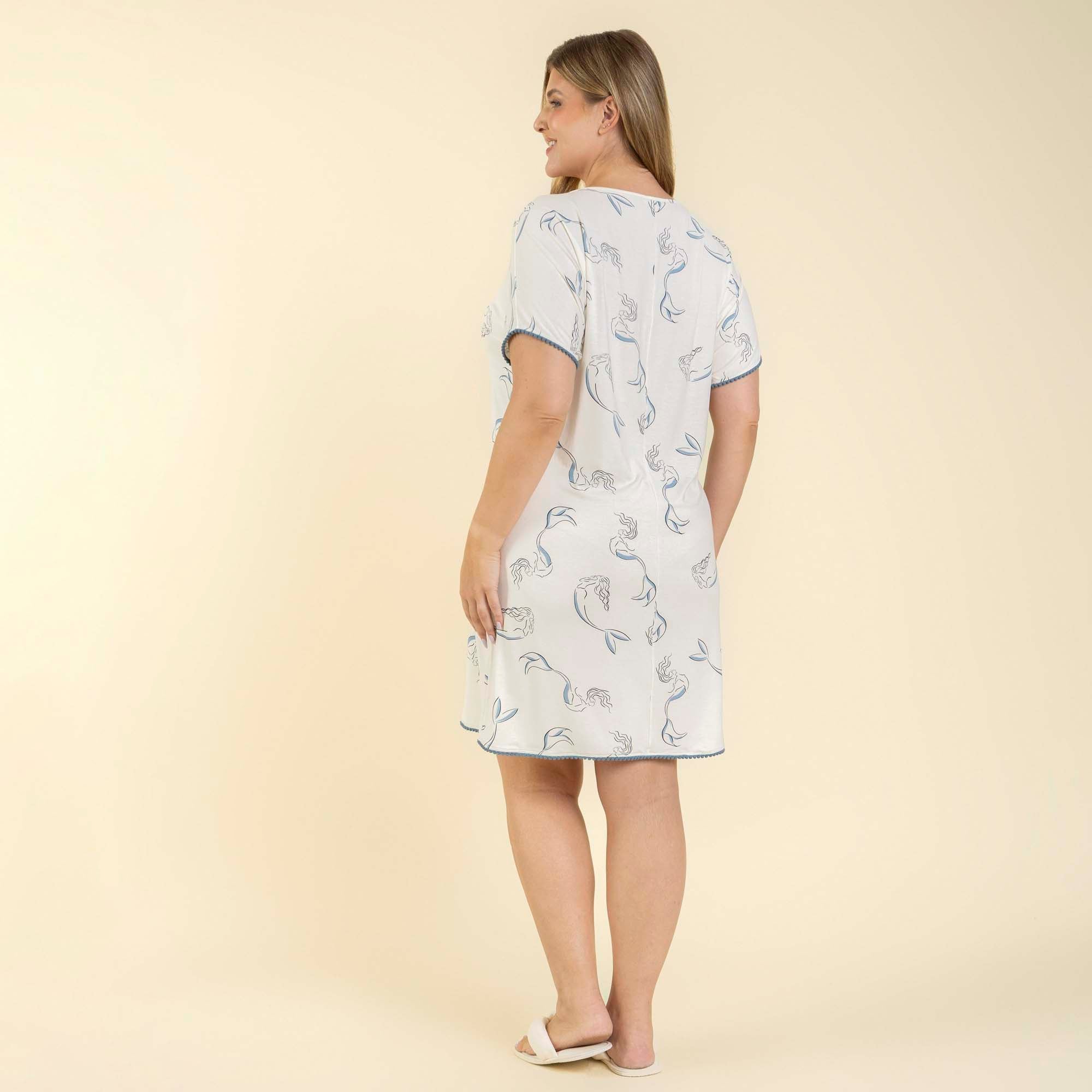 Camisão Feminino Curto Plus Size Branco e Azul Sereia