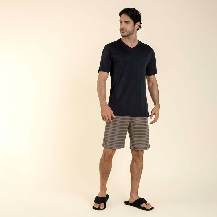 Pijama Masculino Curto Poliamida Listrado Caqui