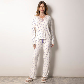 Pijama Feminino Longo Branco Lavanda com Renda