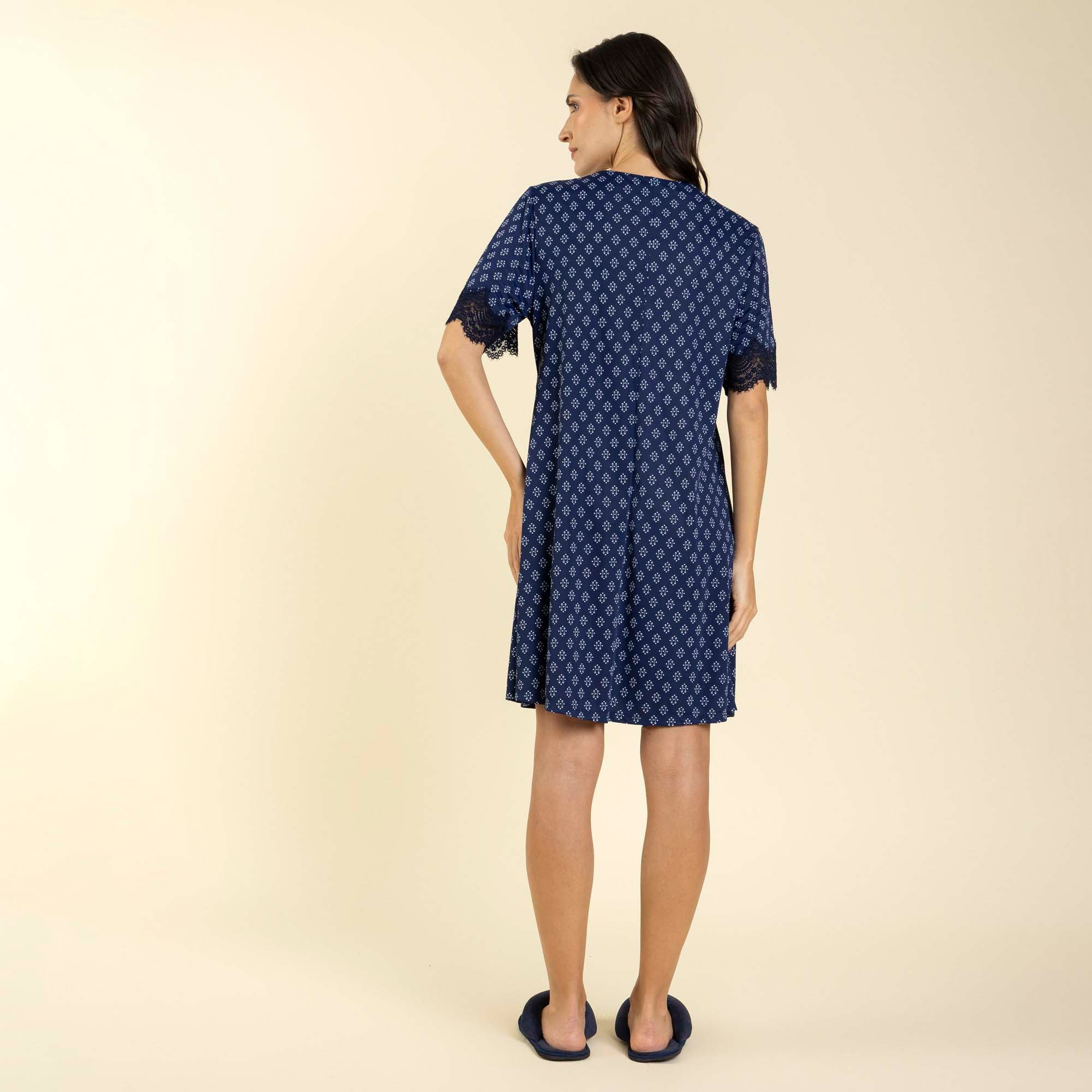 Kaftan Feminino Curto Poliamida Gravataria Marinho com Renda
