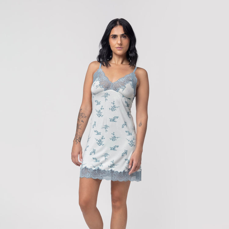 Camisola Curta de Alça Blue Garden com Renda