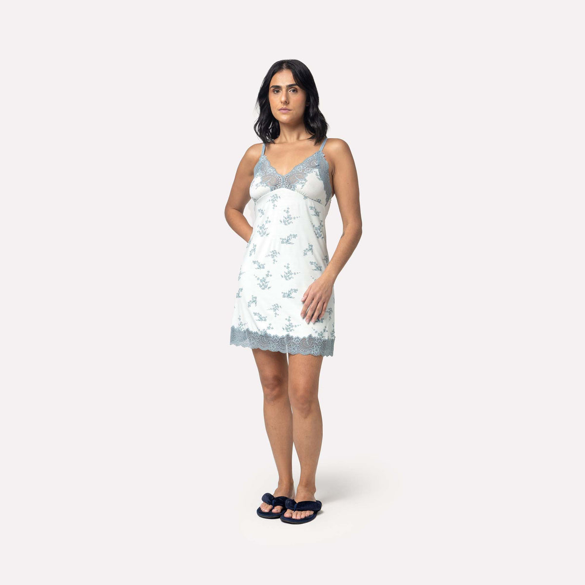 Camisola Curta de Alça Blue Garden com Renda
