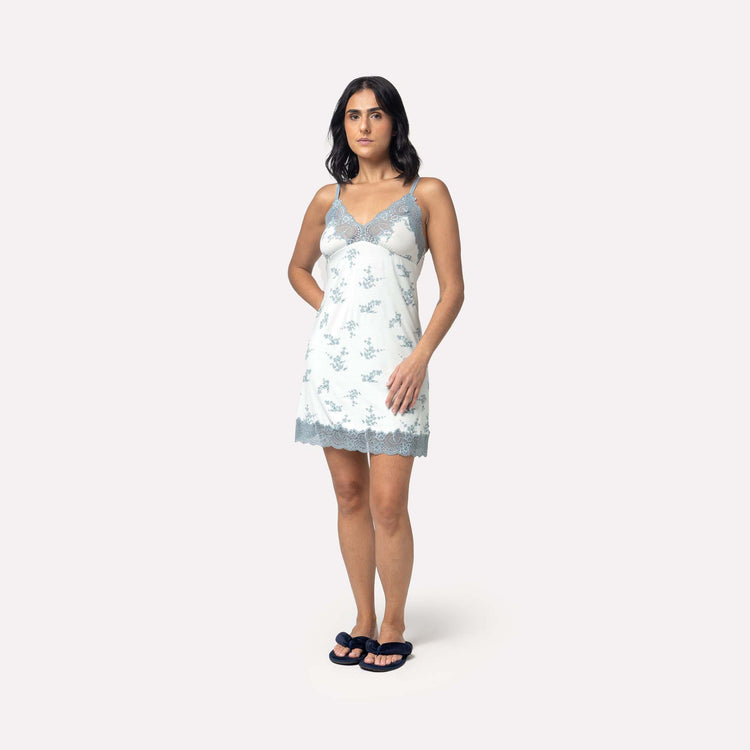 Camisola Curta de Alça Blue Garden com Renda