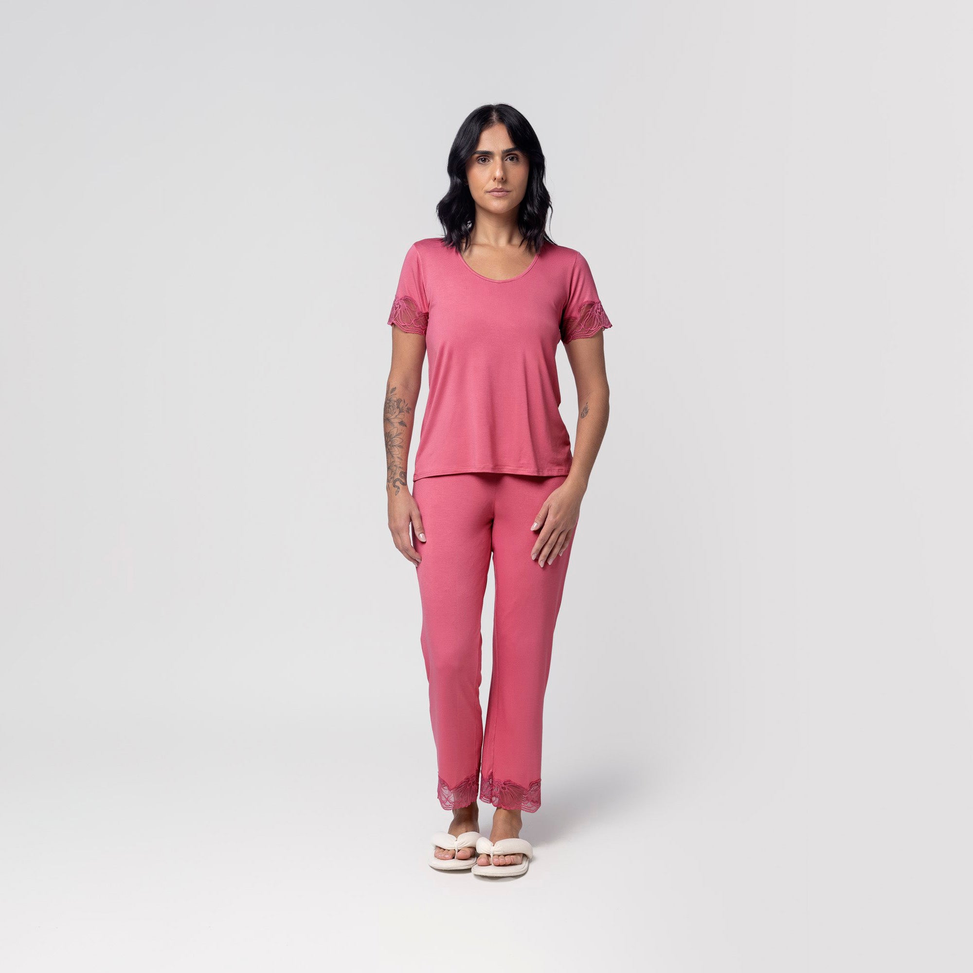 Pijama Feminino Capri Rosa Blush com Renda