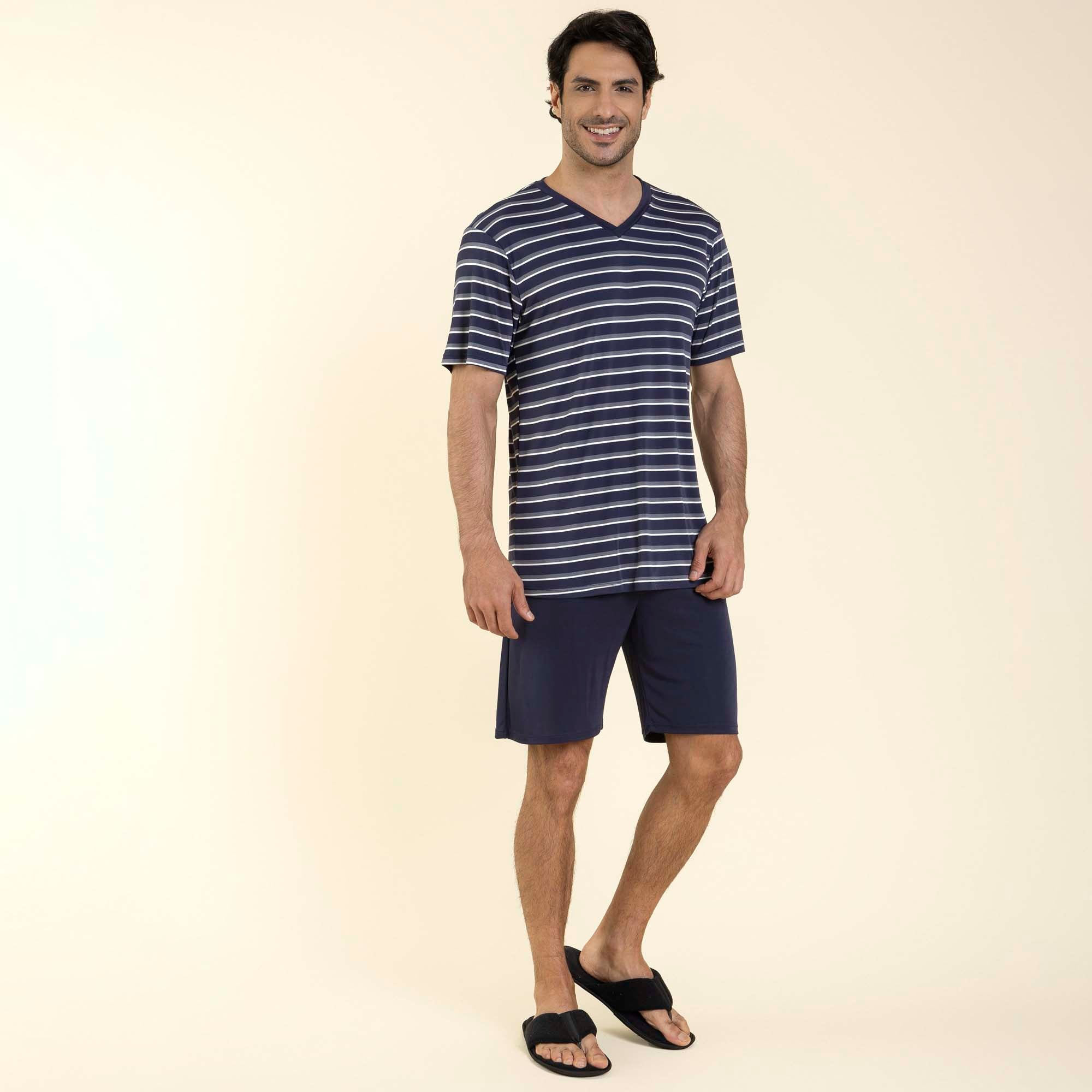 Pijama Masculino Curto Poliamida Listrado Marinho