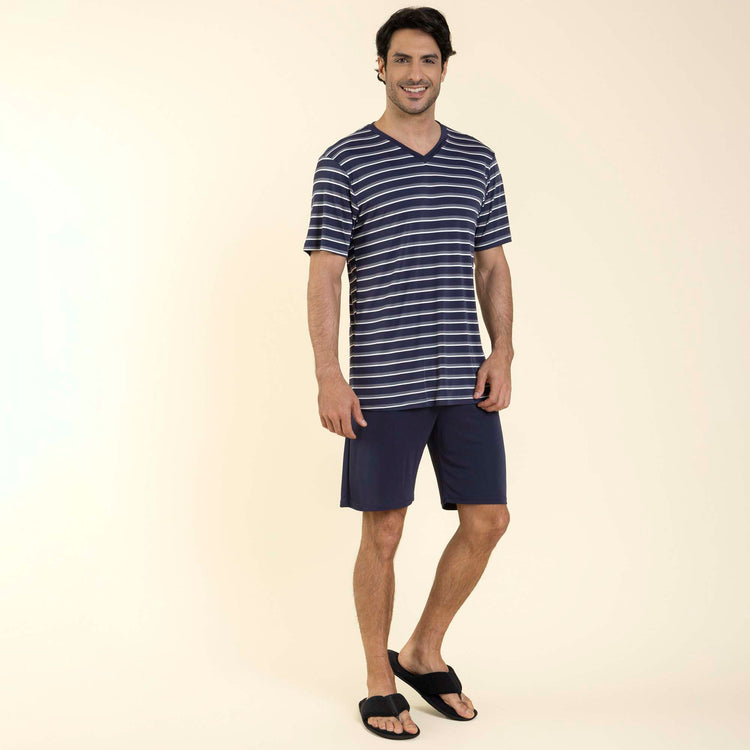 Pijama Masculino Curto Poliamida Listrado Marinho