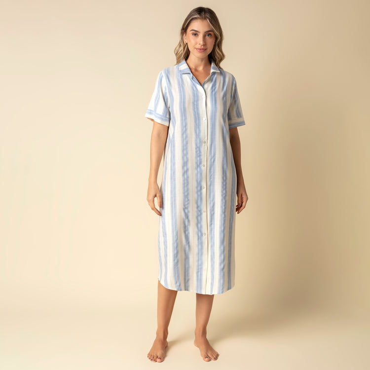 Camisão Feminino Midi Aberto Listrado Azul