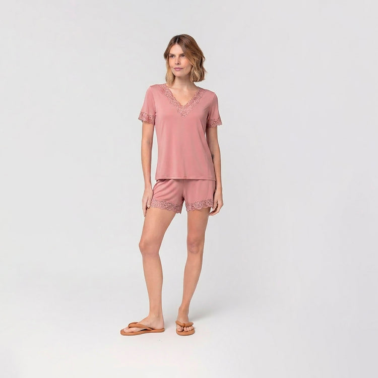 Pijama Feminino Curto Rosa Princess com Renda