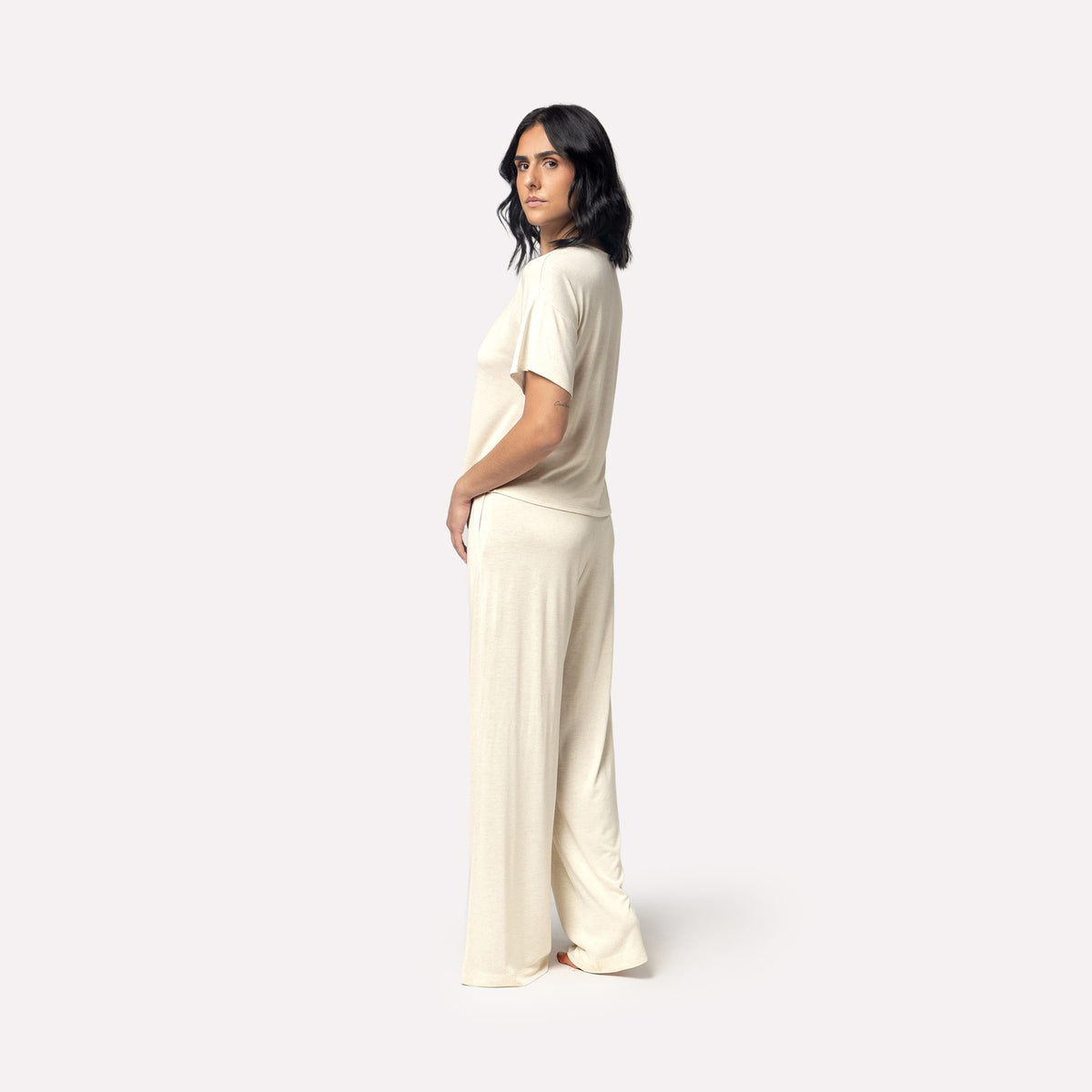 Conjunto Feminino Manga Curta Bege com Bolso