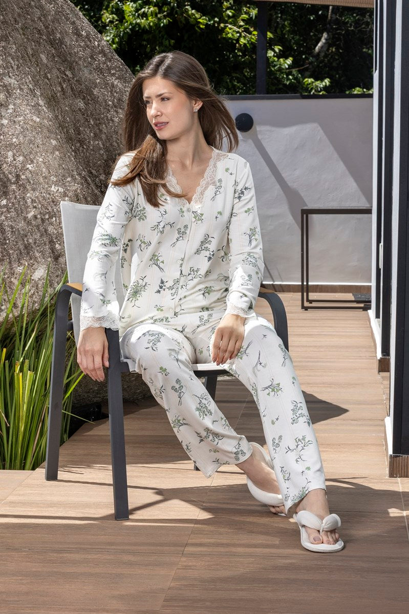 Pijama Feminino Aberto Longo Floral Botânica